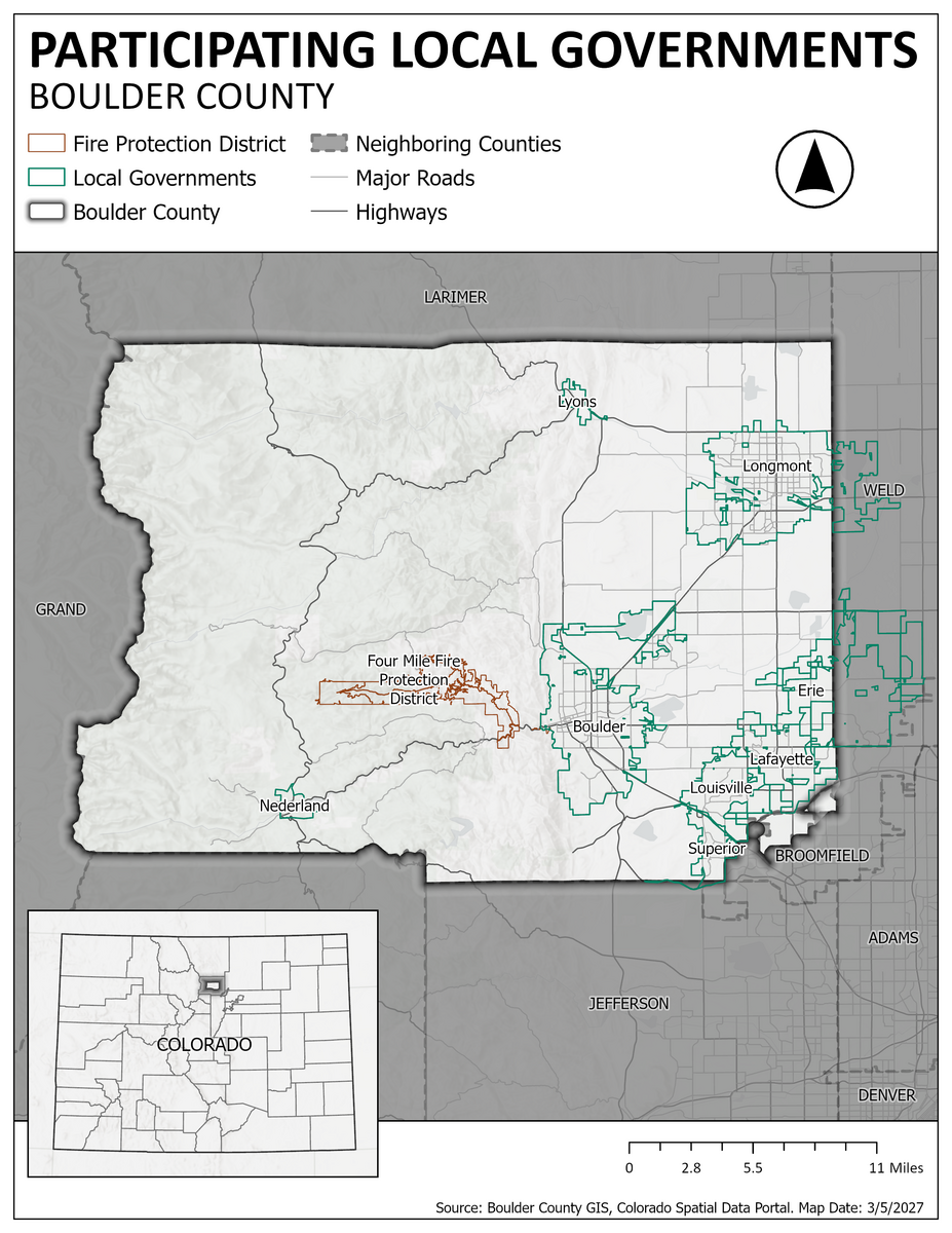 Map of Boulder County showing participating local governments in the hazard mitigation plan, neighboring counties, major roads, highways, and the Four Mile Fire Protection District, with an inset locating Boulder County within Colorado.